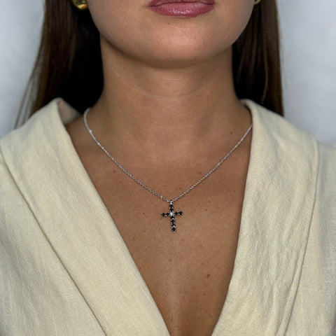 Collana fune con croce in diamanti neri/bianco oro