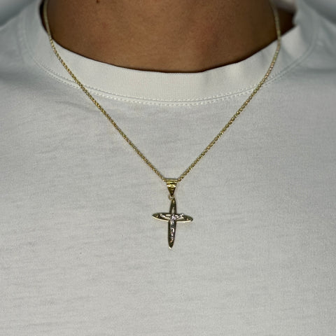 Collana fune con croce doppia lastra bicolor oro
