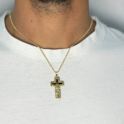 Collana fune con croce doppia lastra con zirconi oro