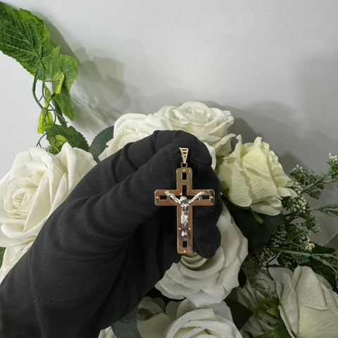 Pendente croce doppia lastra bicolor oro