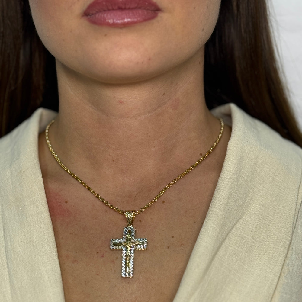 Collana fune americana con croce bicolor oro
