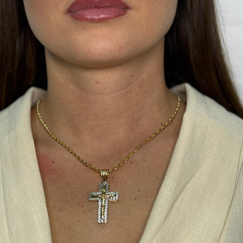 Collana fune americana con croce bicolor oro