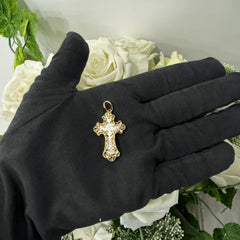 Pendente croce traforata a fiori duo oro