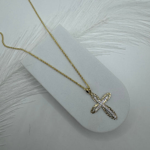 Collana fune con croce esile zirconi e oro