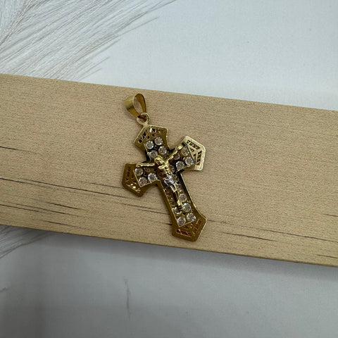 Pendente croce doppia lastra zirconi e oro