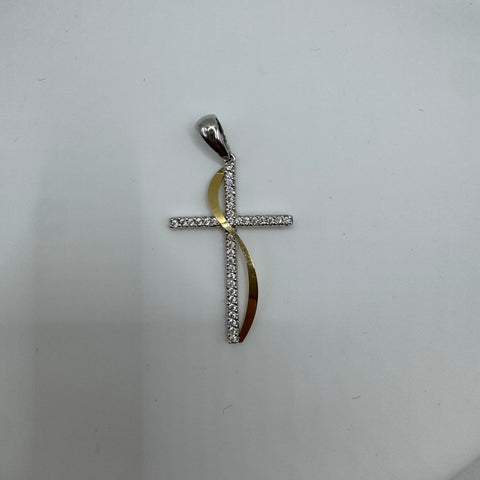Pendente croce bicolor con zirconi oro