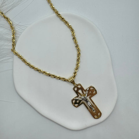 Collana fune iride con croce doppia lastra bicolor oro