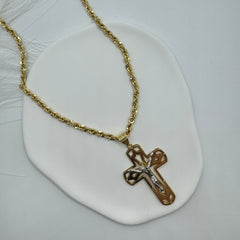 Collana fune iride con croce doppia lastra bicolor oro