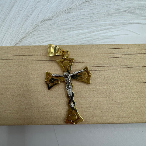 Pendente croce doppia lastra bicolor oro