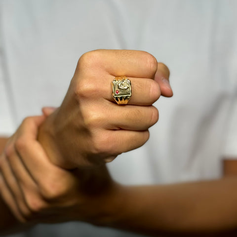 Anello Uomo scudo serpente zirconi e oro