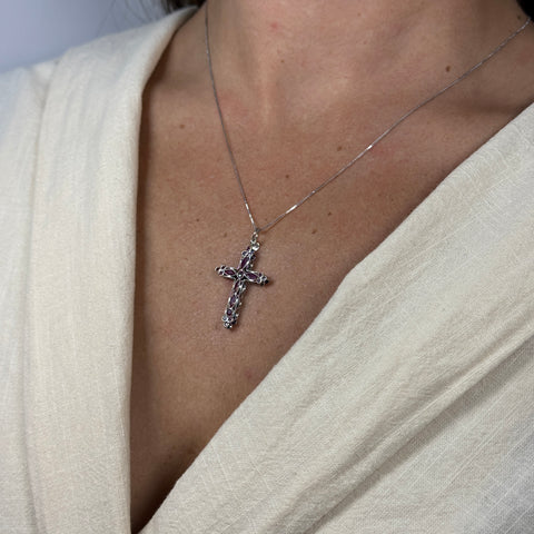 Collana fune con croce zaffiri/rubini oro