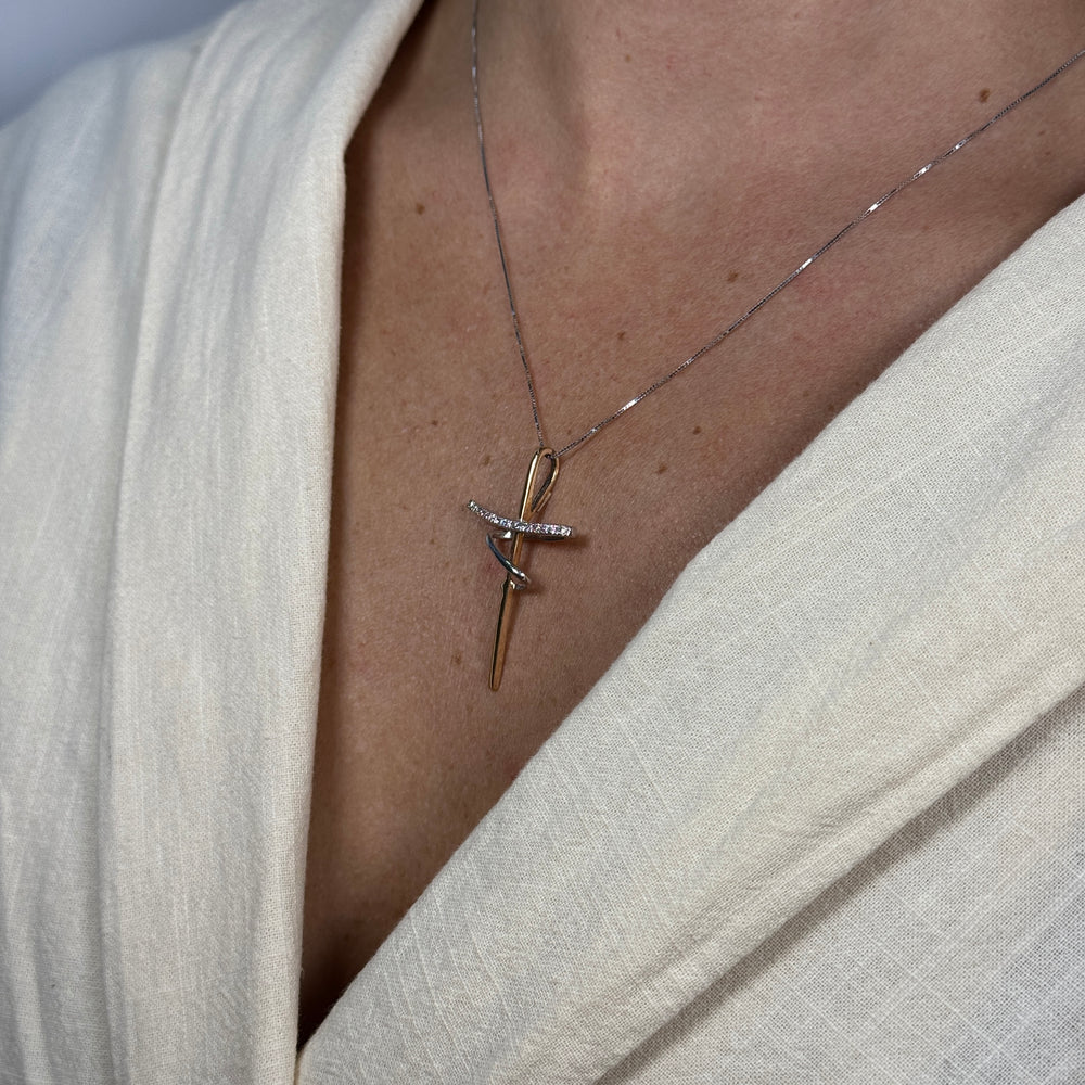 Collana croce bicolor con zirconi oro