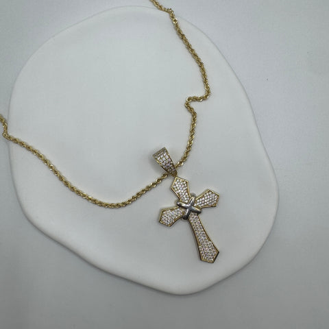 Collana fune con croce bicolor con zirconi oro