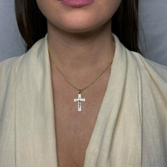 Collana fune con pendente croce bicolor oro
