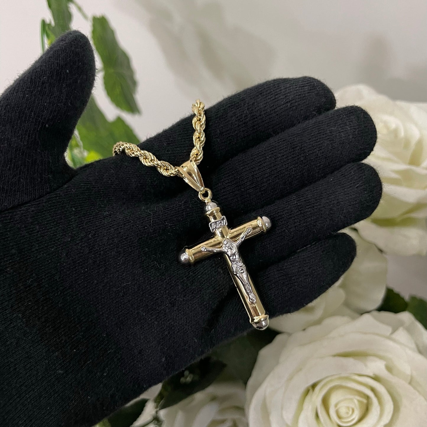 Collana fune con croce bombè bicolor big oro