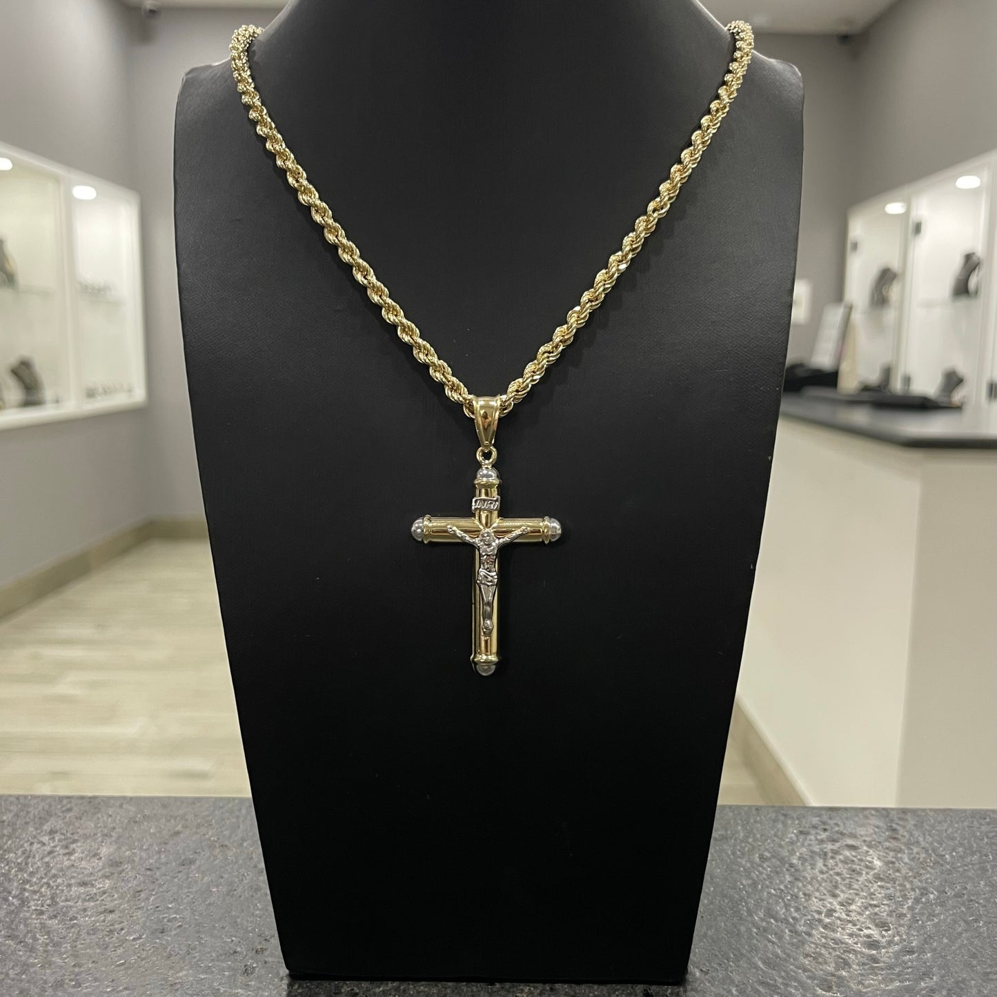 Collana fune con croce bombè bicolor big oro