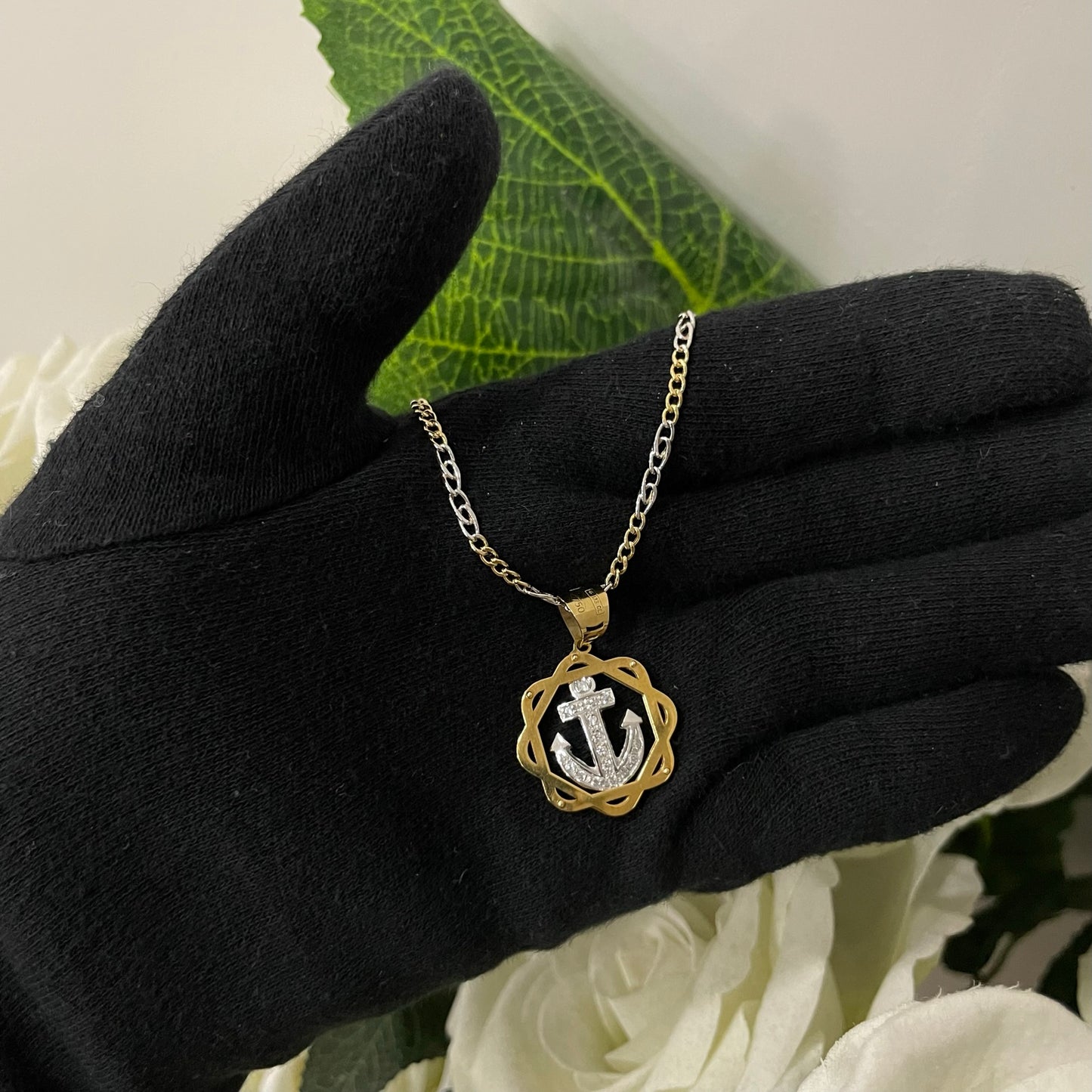 Collana piastrina duo con ancora in riquadri oro
