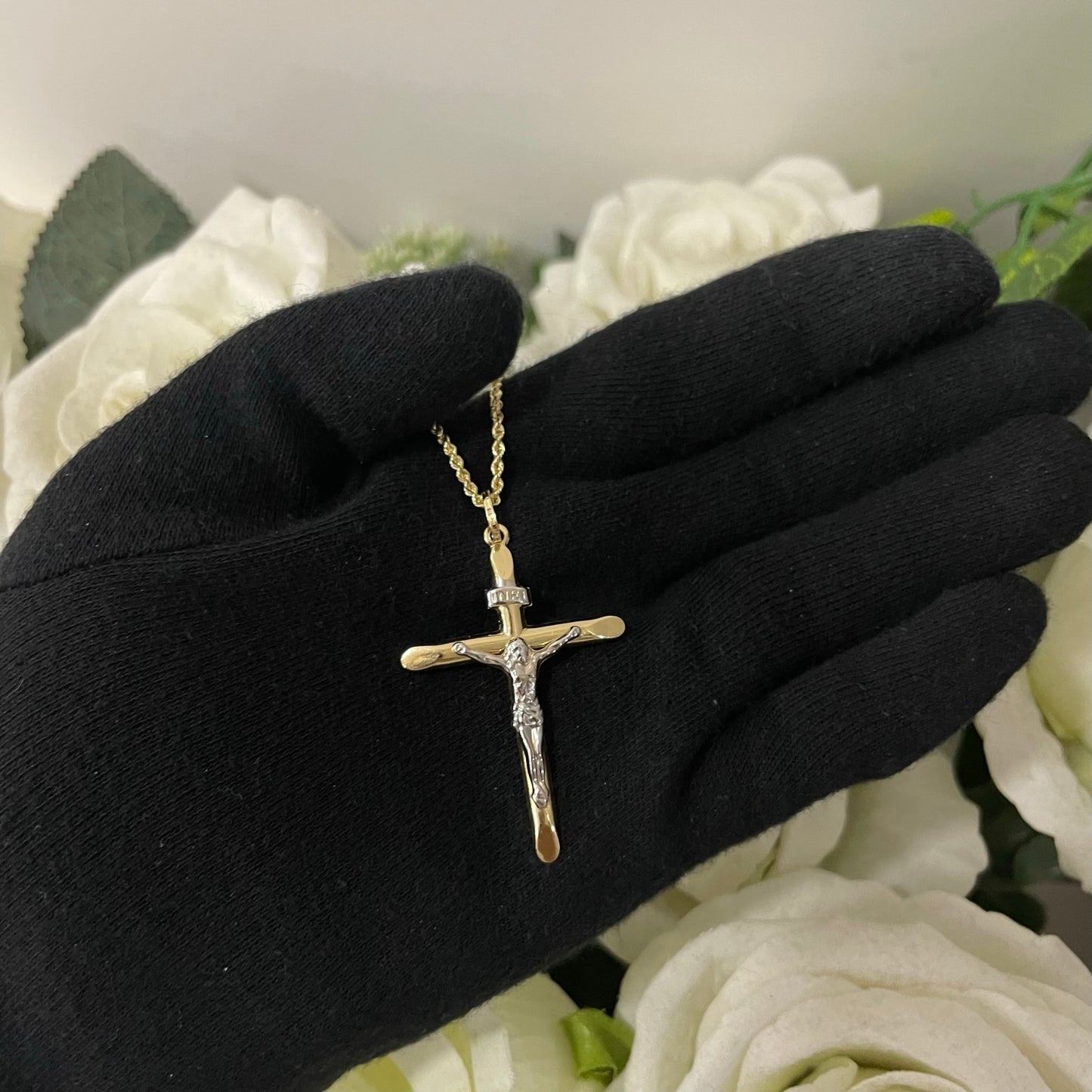 Collana fune con croce big bicolor oro