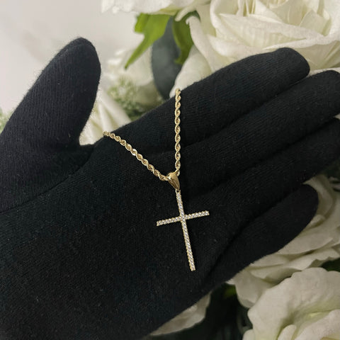 Collana fune con croce esile zirconi e oro